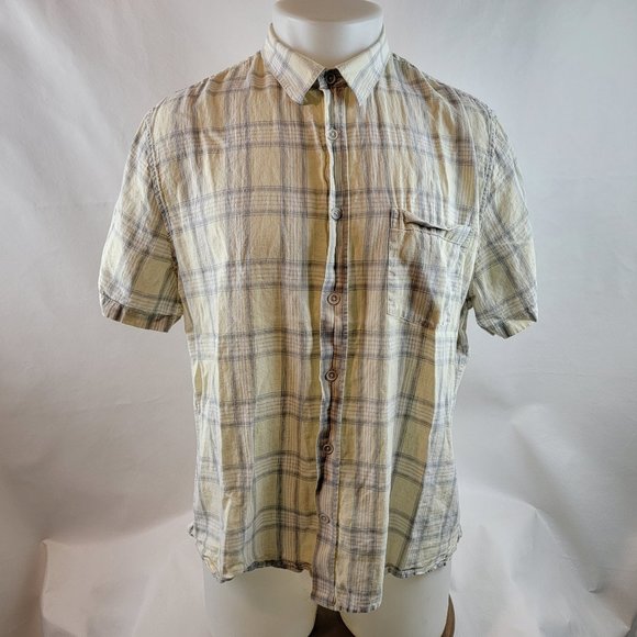 Vince Shirt Mens XL Yellow Gray Button Up Short Sleeve Plaid Linen Classic Fit - Picture 2 of 8